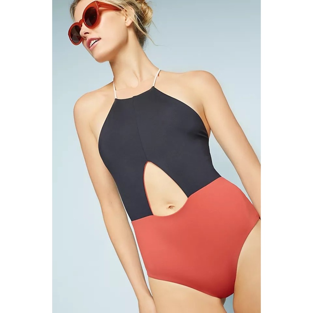 Tavik Anthropologie Black Orange Colorblock Cutout High Neck Swimsuit 233 - Picture 2 of 9